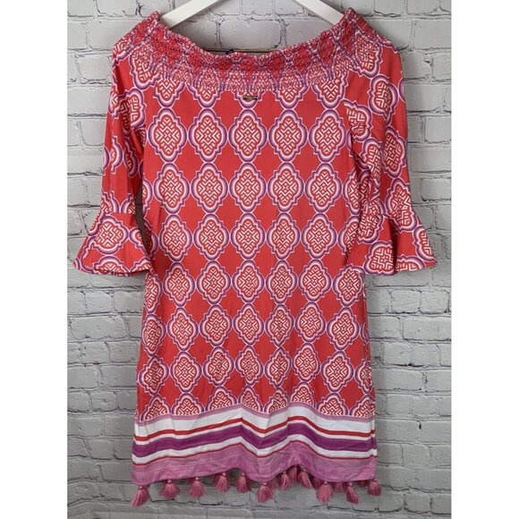 CABANA LIFE Women’s Coral Geo Off The Shoulder Dress Size Small Beach Boho - Picture 7 of 8